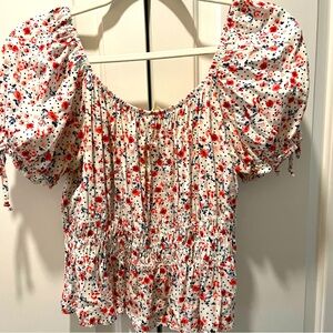 Kingston Floral Puff Sleeve Blouse - White and Red